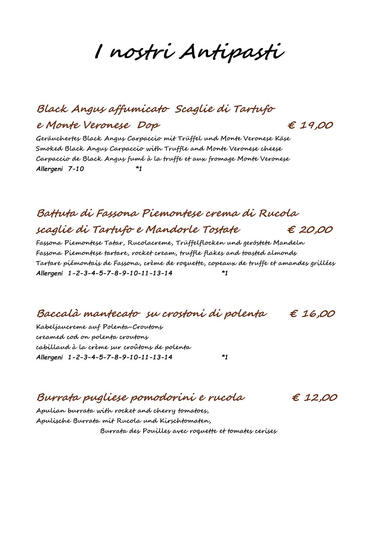 Menu di La Cicala e La Fenice 
