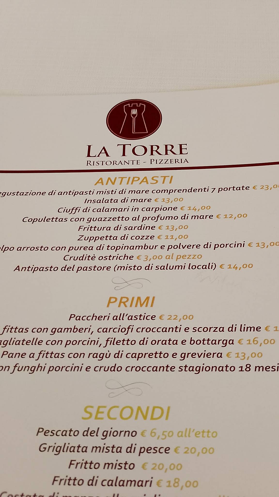Menu da Ristorante Pizzeria La Torre, Ozieri