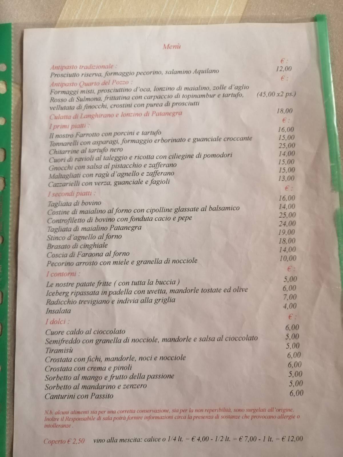 Menu di Ristorante Quarto del Pozzo 