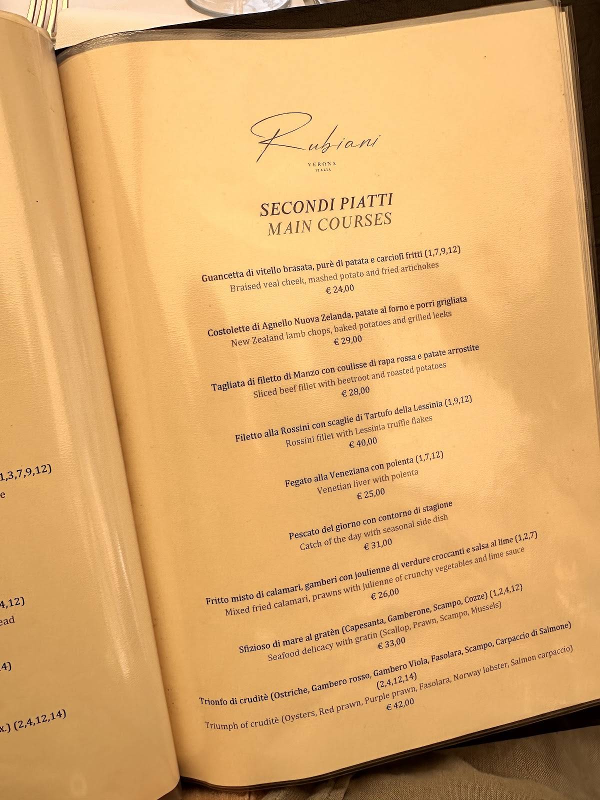 Menu di Ristorante Rubiani Verona 