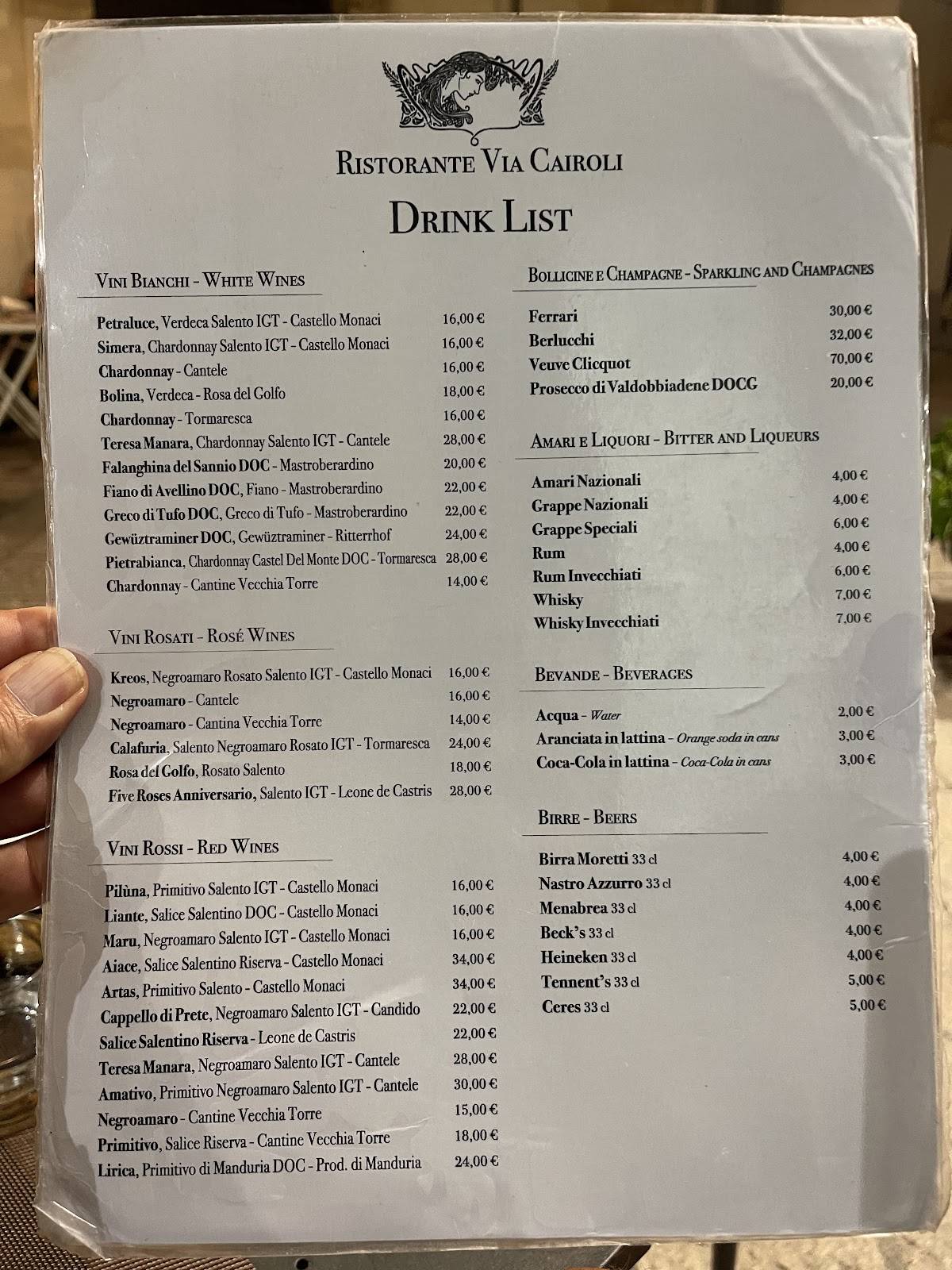 Menu di Ristorante Via Cairoli 