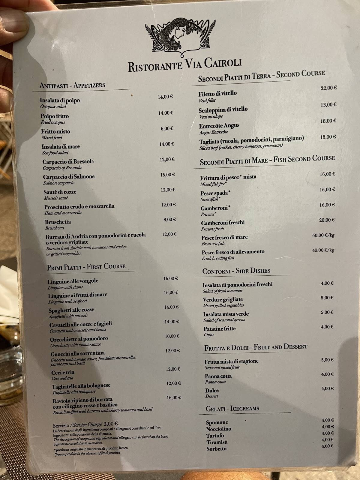 Menu di Ristorante Via Cairoli 