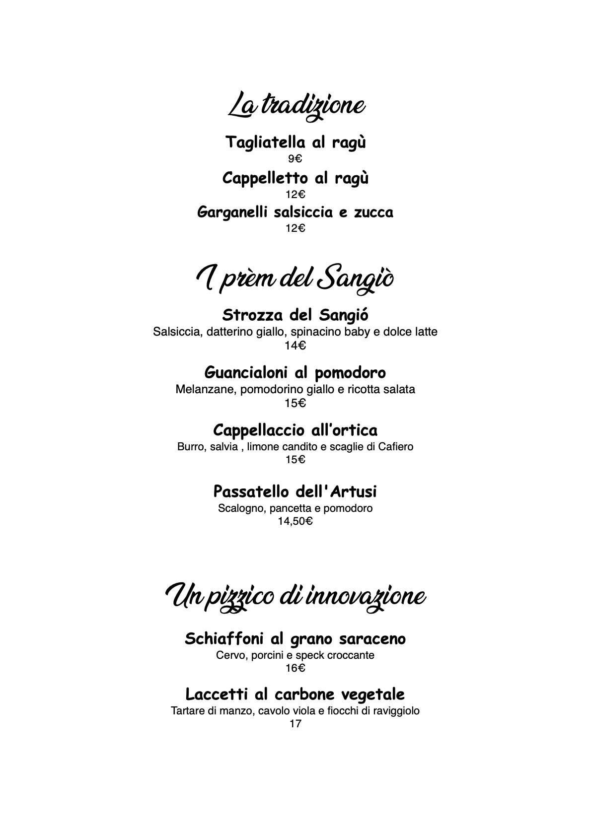 Menu di Al Sangiò - Magna e bè 