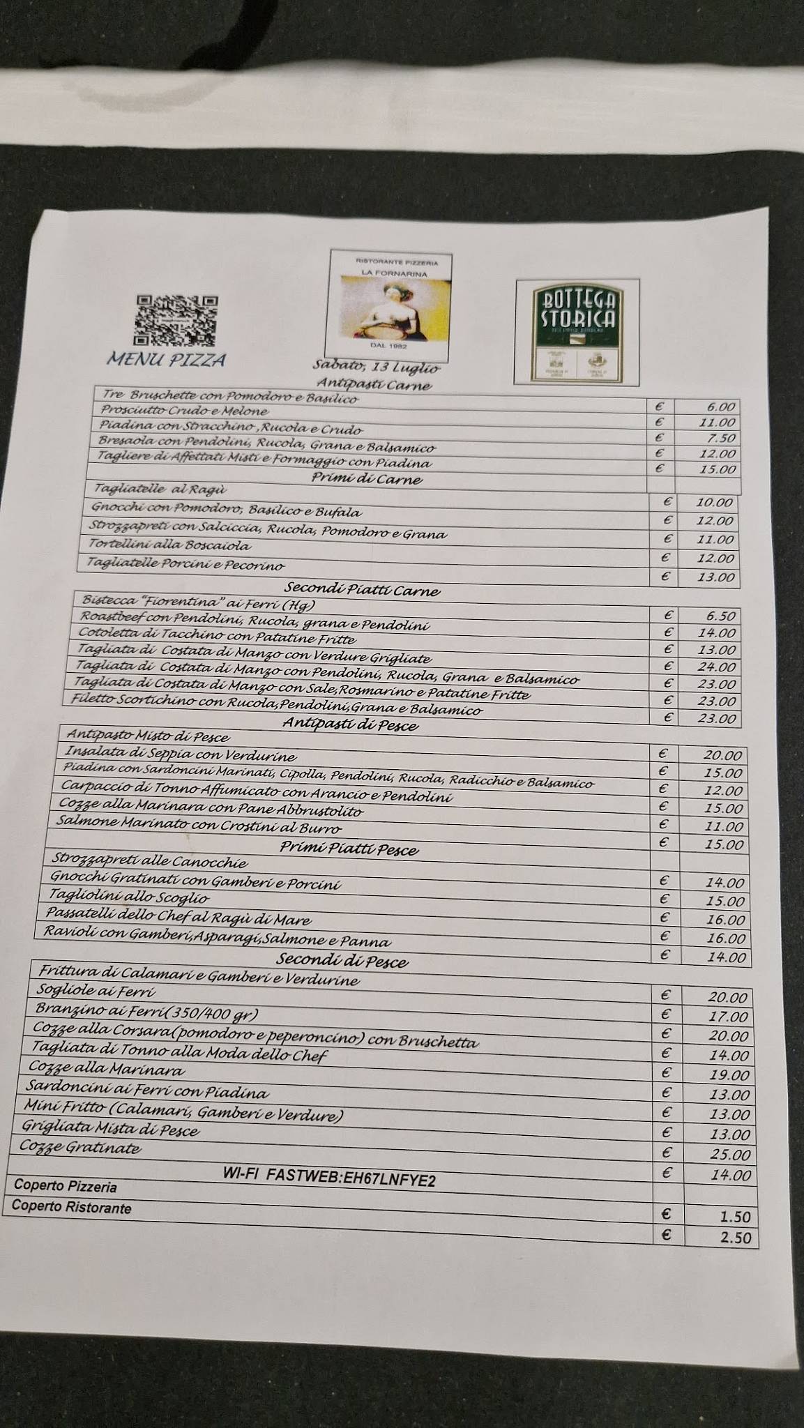 Menu di Ristorante la Fornarina 