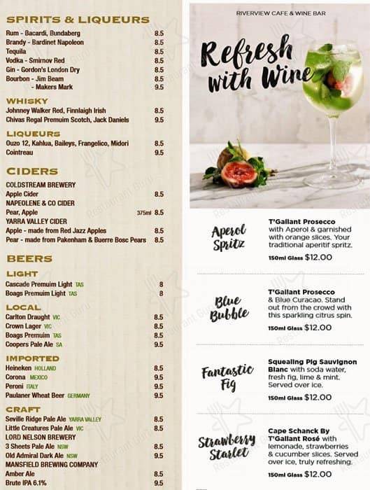 Riverview Cafe & Wine Bar menu