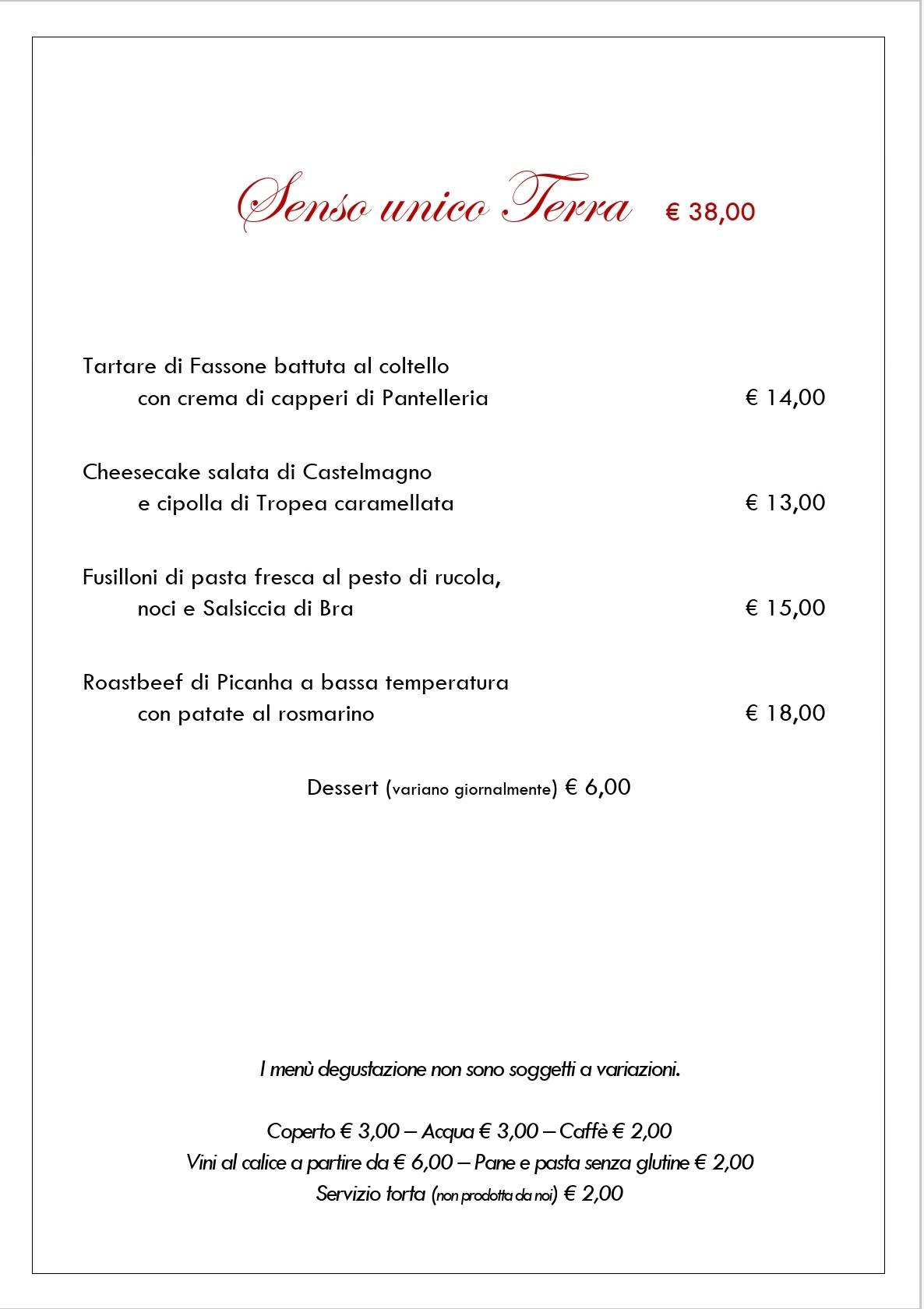 Menu di Ristorante Senso Unico 