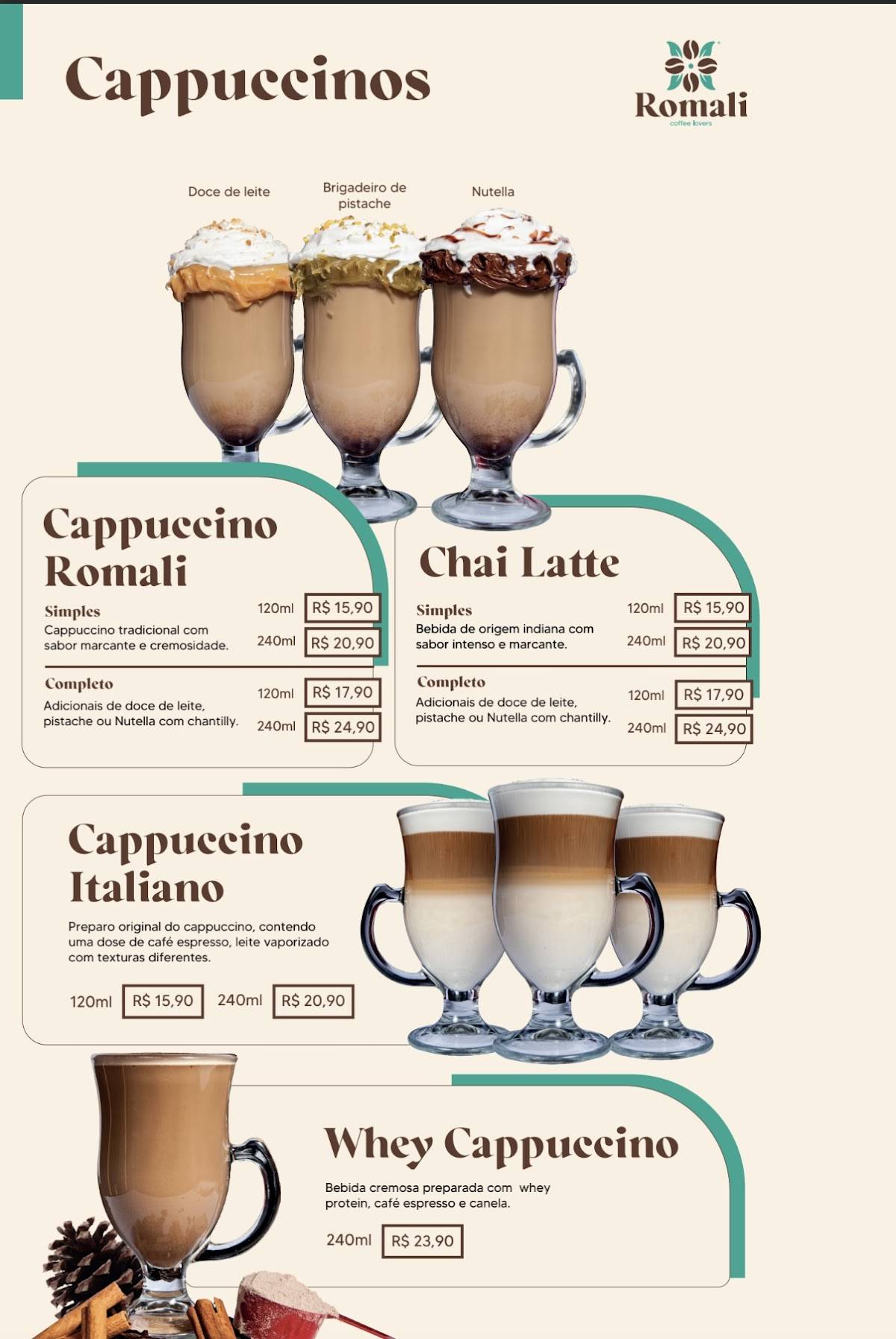 Romali Café Viacatarina, Cafeteria em Palhoça - Cappuccino cardápio