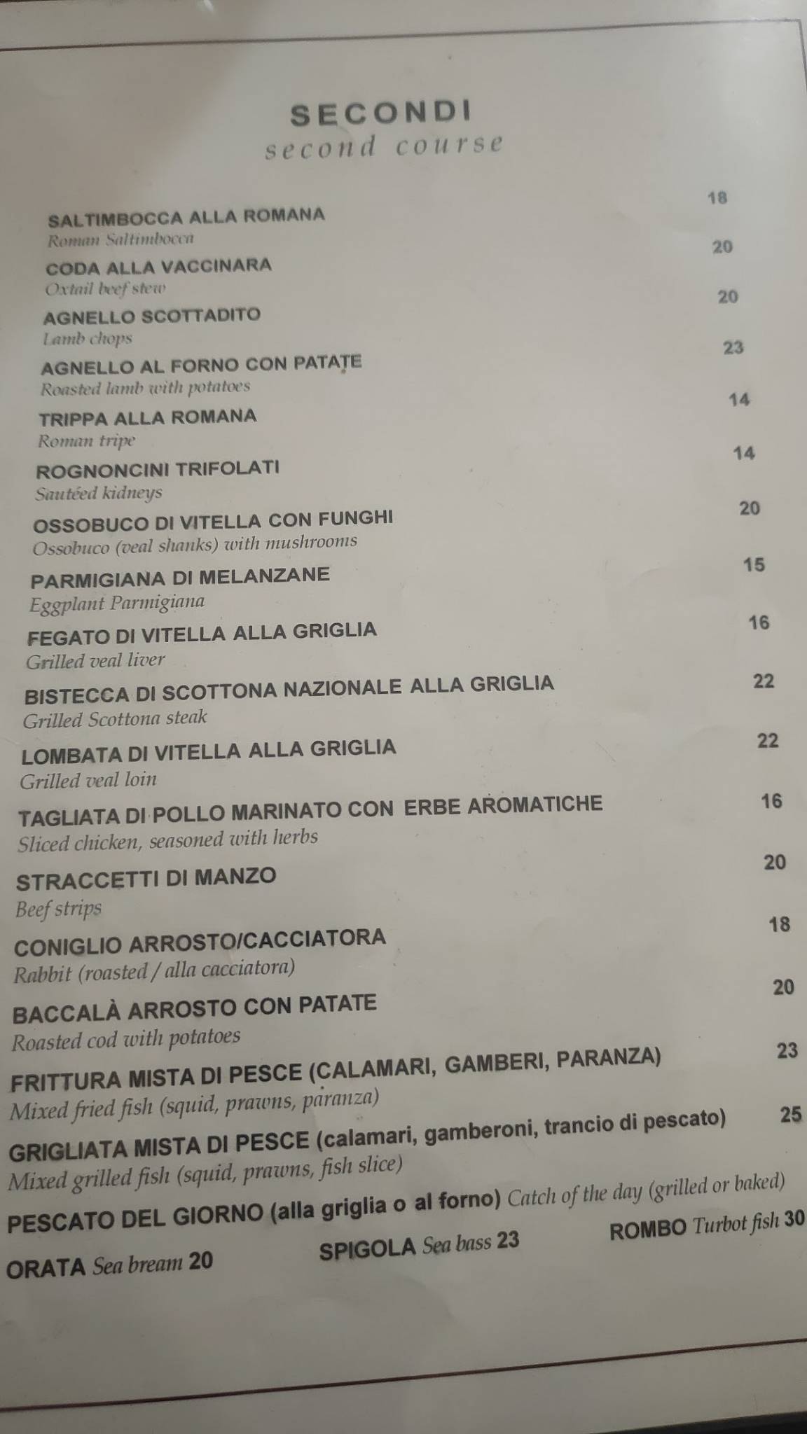 Menu di Antica Bohéme 