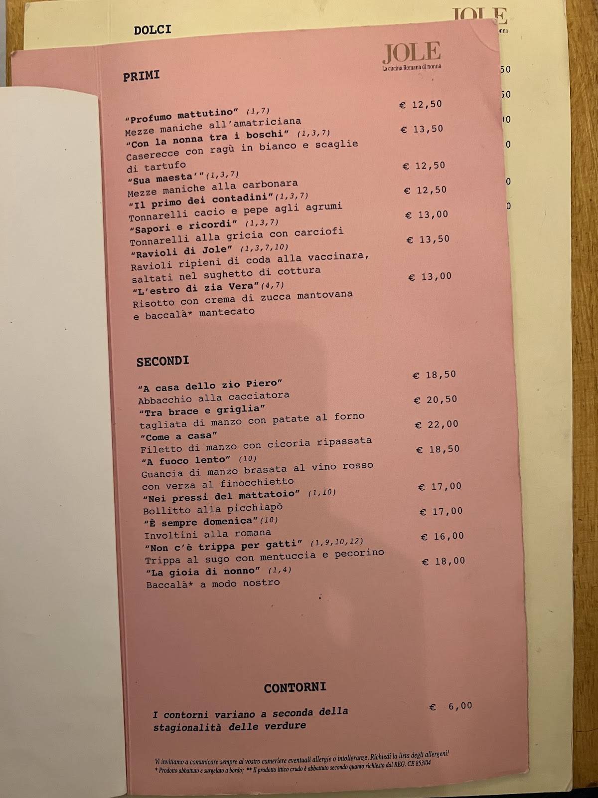 Menu di Ristorante Jole 