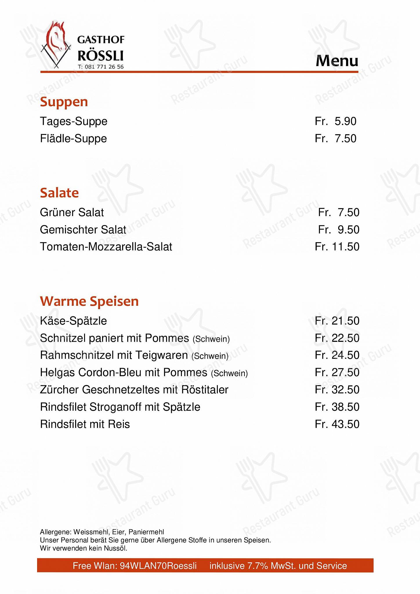 Menu di Gasthof Rössli - Wine Menu