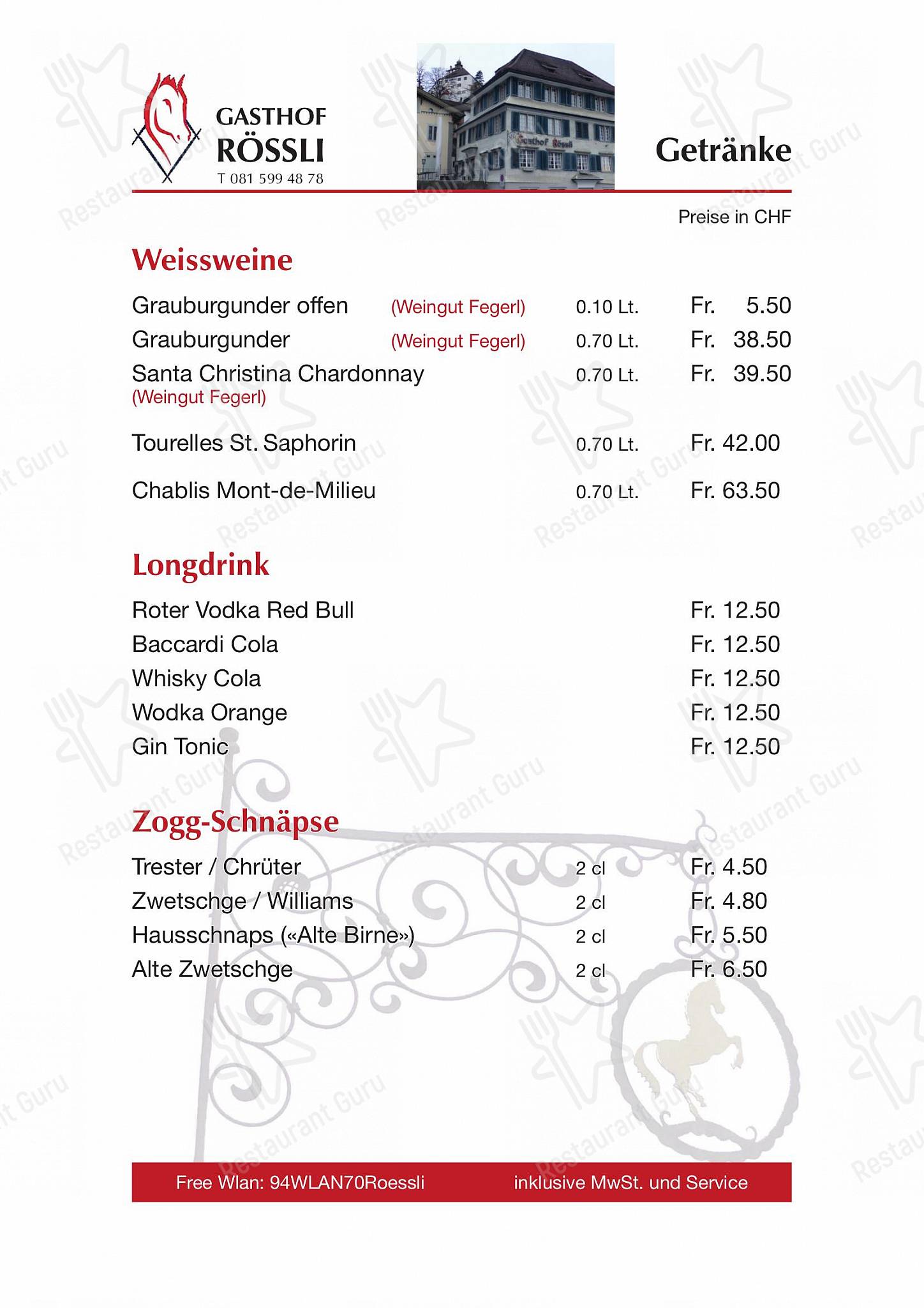 Gasthof Rössli in Grabs - Wine Menu