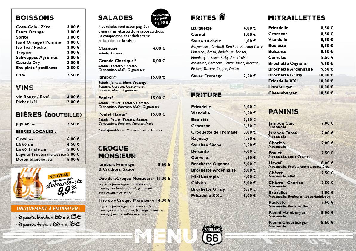 Menu de Route 66 Burger
