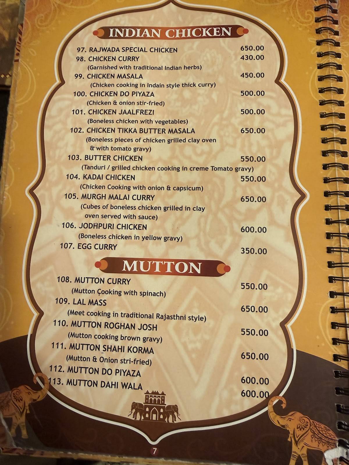 Royal Rajwada Multicuisine Restaurant menu