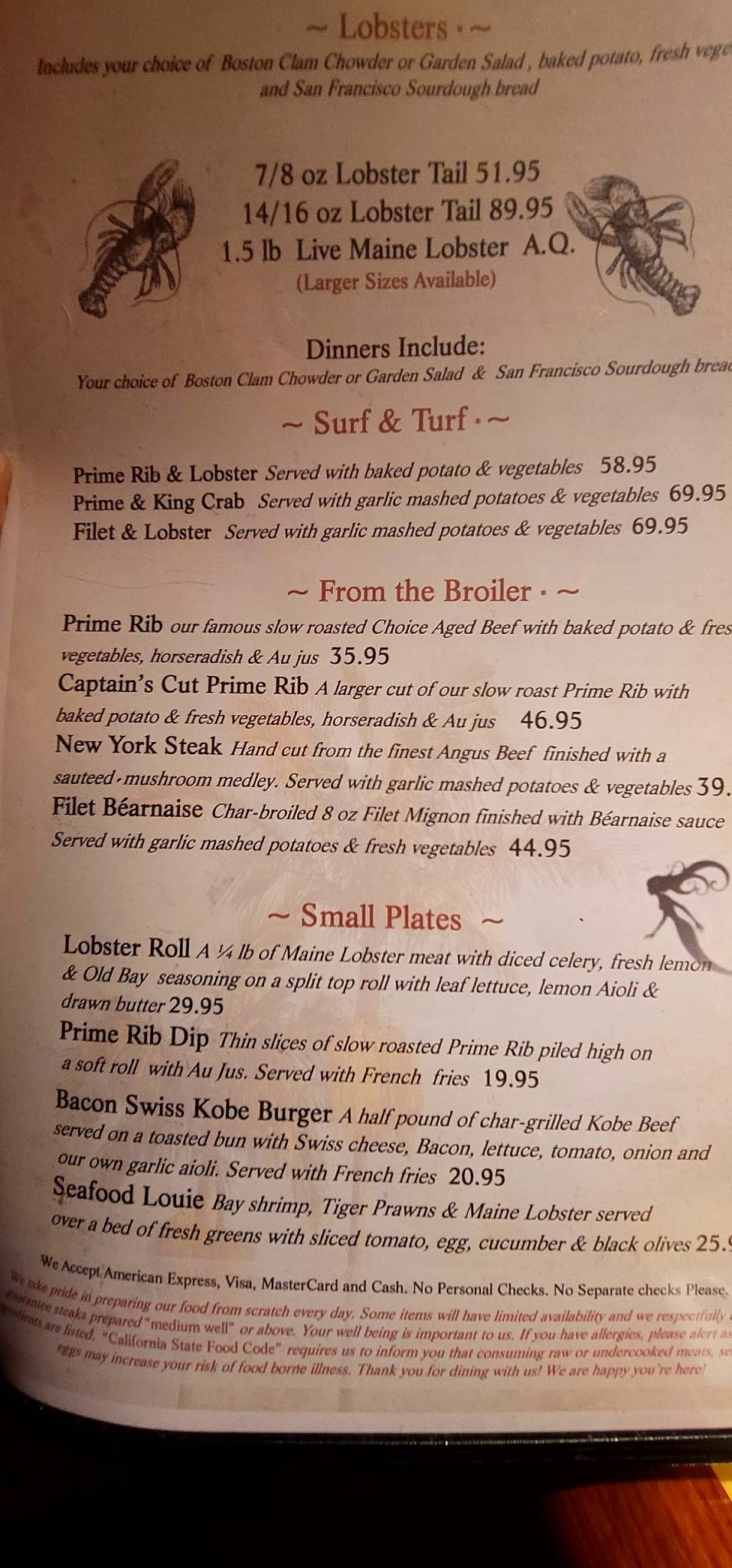 Menu at Rudy's Hideaway Lobsterhouse restaurant, Rancho Cordova