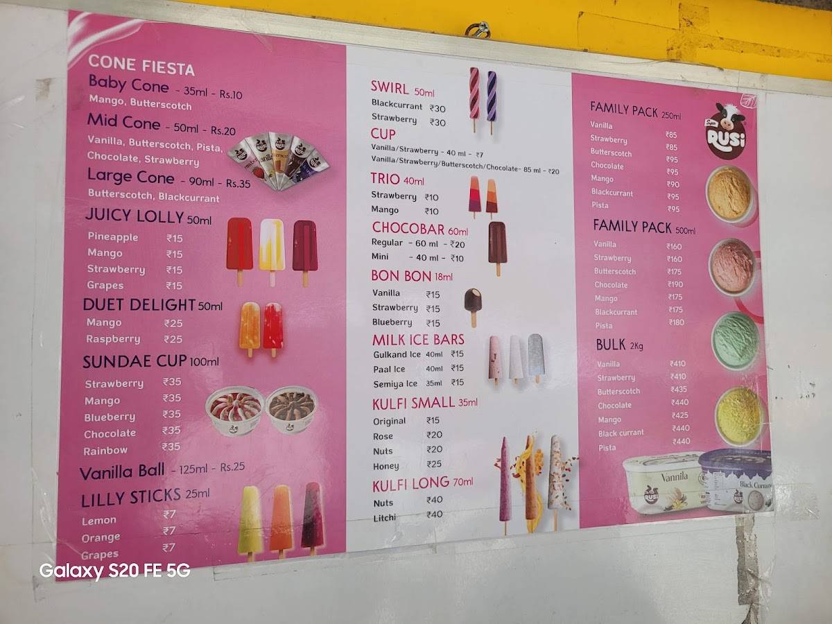 Rusi milk & ice cream parlour menu