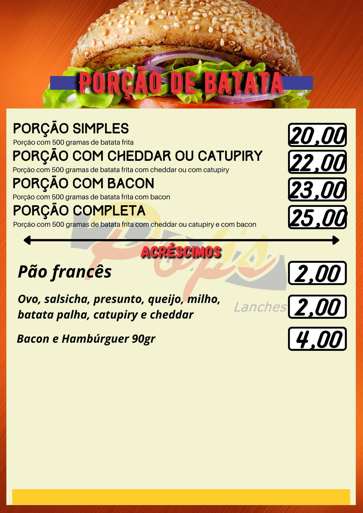 Pop's Lanches cardápio