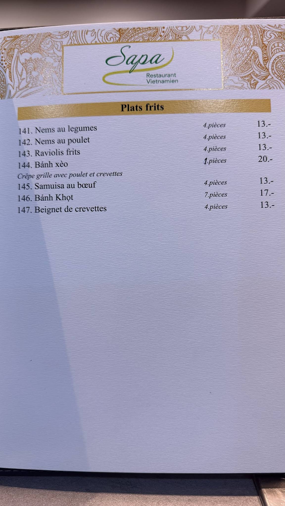 Menu di SAPA restaurant vietnamien 