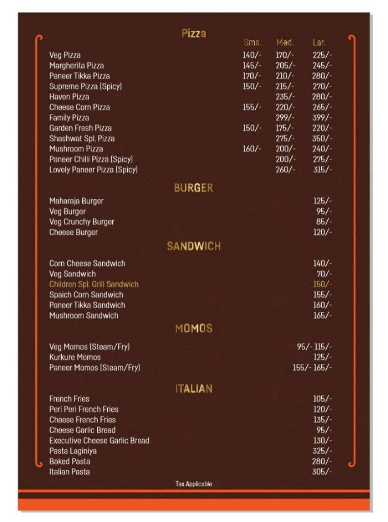 SHASHWAT RESTAURANT menu