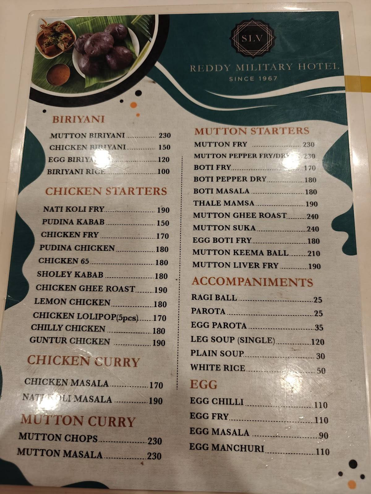 SLV Reddy Military Hotel (Naati Style) Since 1967 menu