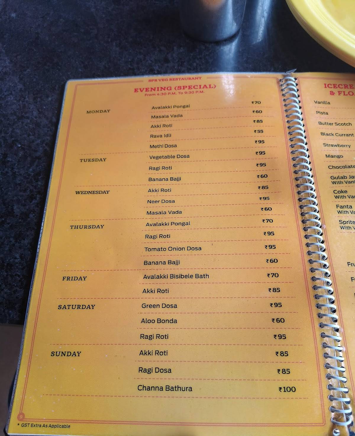SPR Veg Restaurant menu