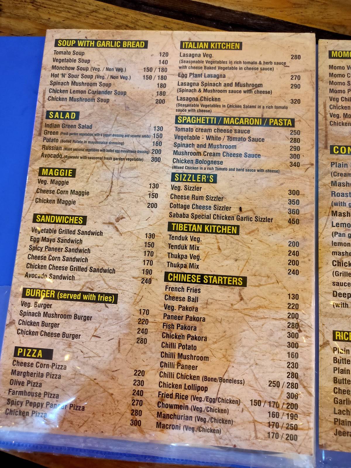 Sababa cafe menu