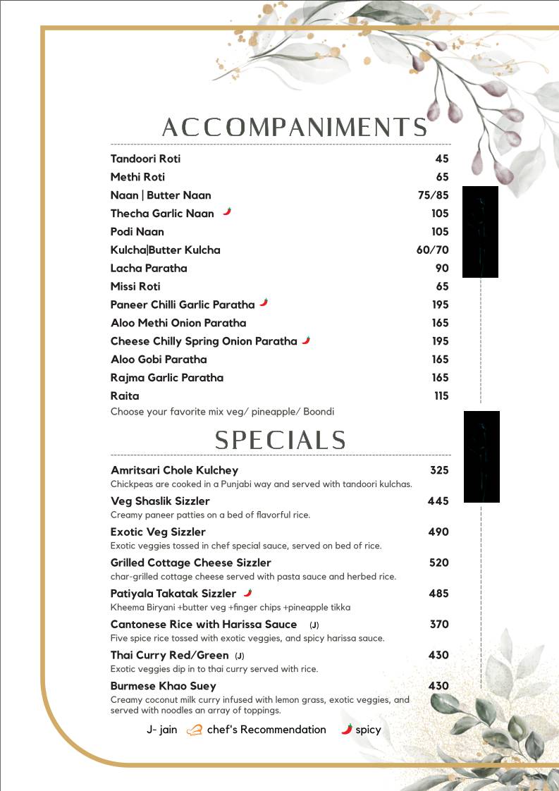 Saffron Restaurant menu
