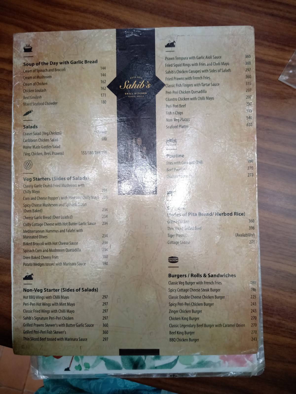 Menu at Sahib's Grill Kitchen, Kannur, Amu Sahibs Bangalow