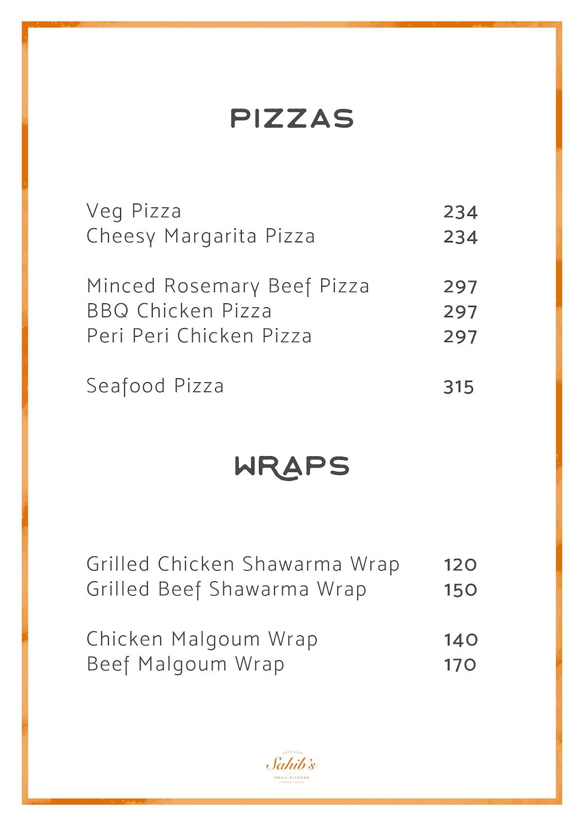 Menu at Sahib's Grill Kitchen, Kannur, Amu Sahibs Bangalow