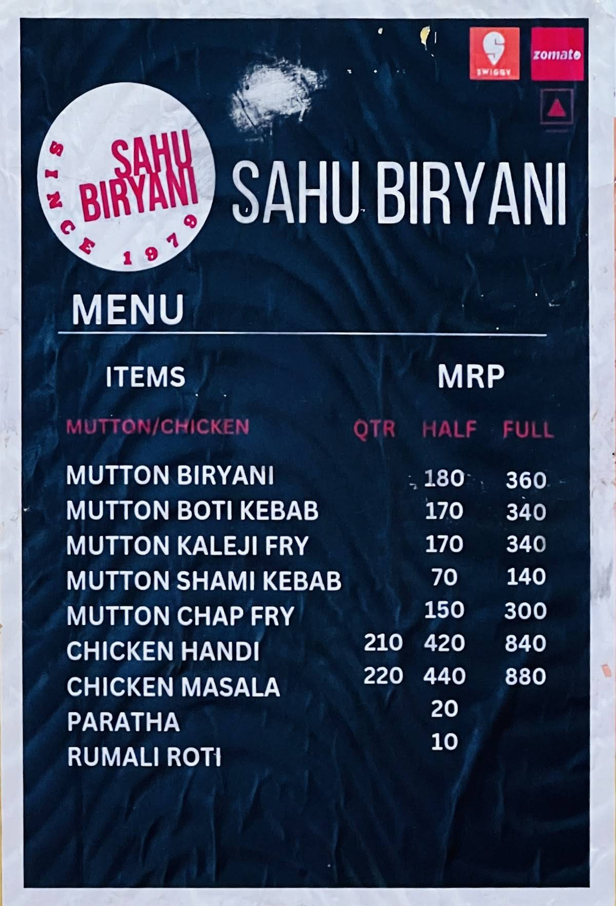 Sahu Biryani menu