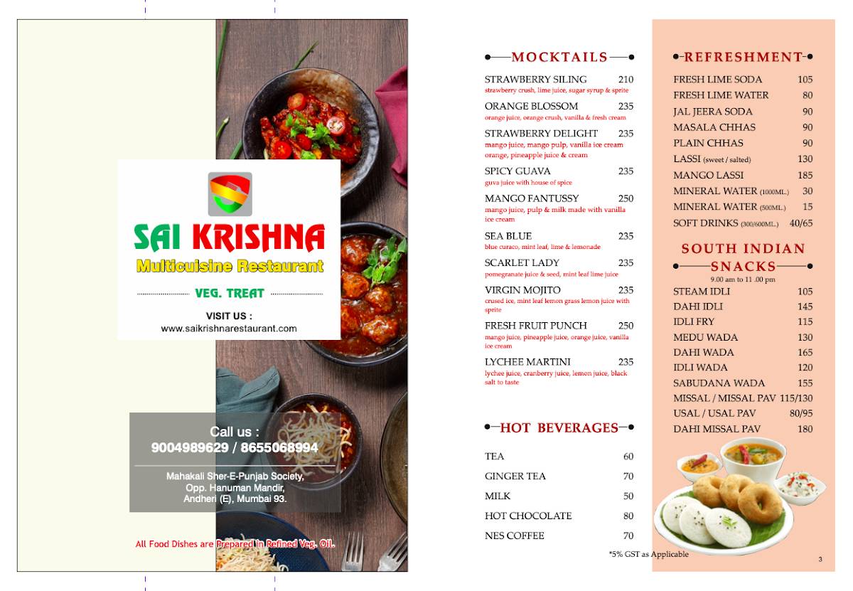 Sai Krishna Restaurant menu