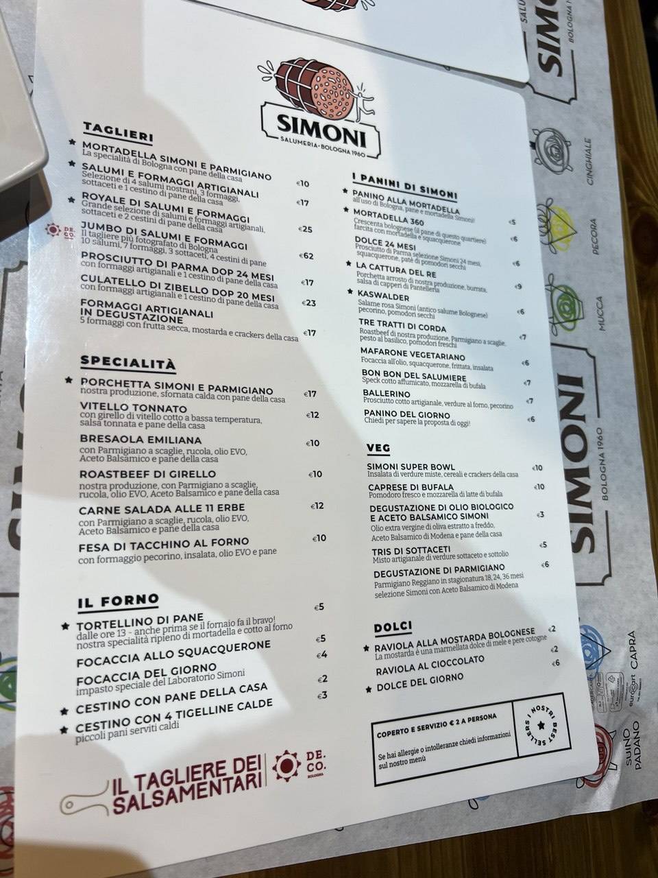 Menu di Salumeria Simoni Laboratorio 