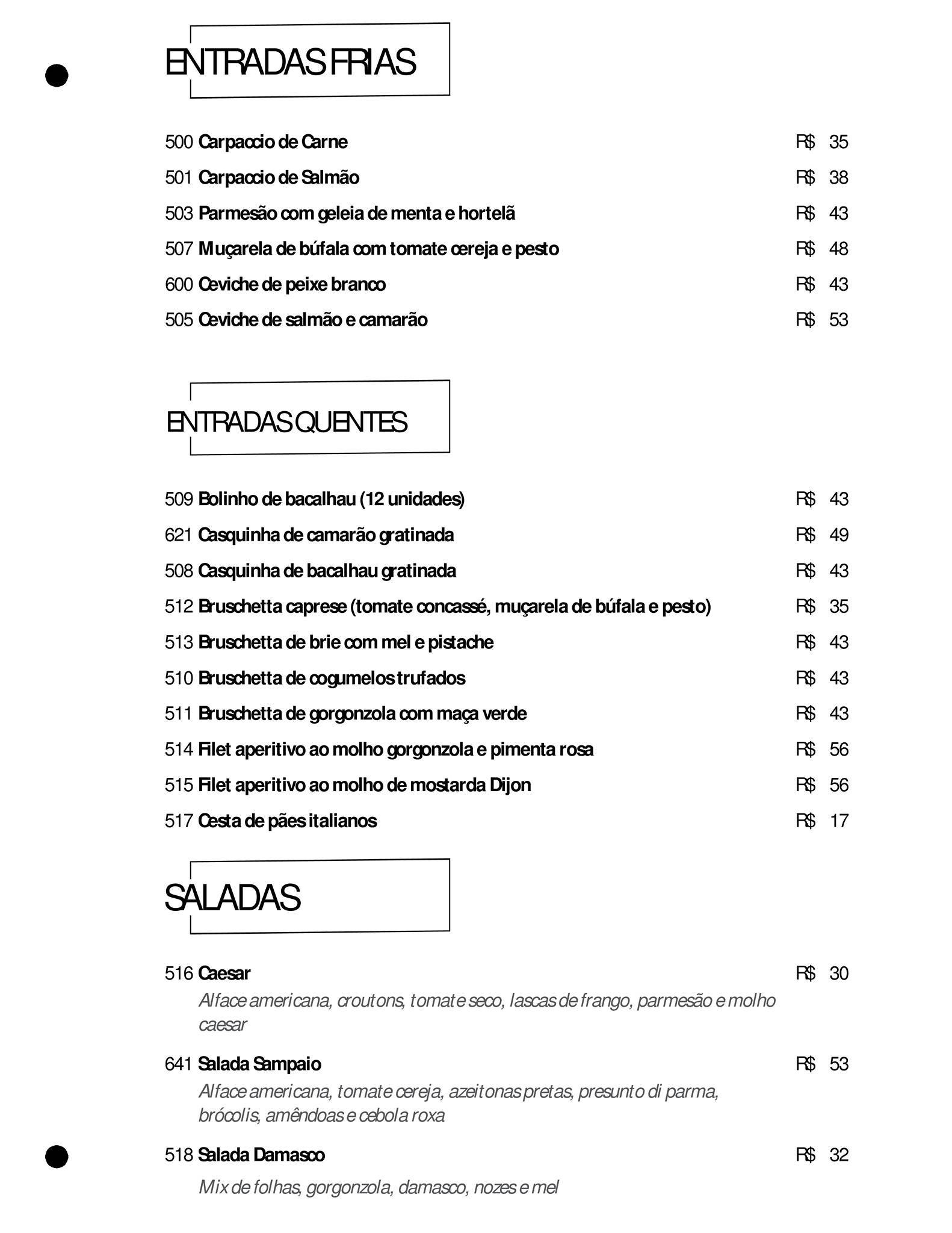 Sampaio Gastronomia cardápio