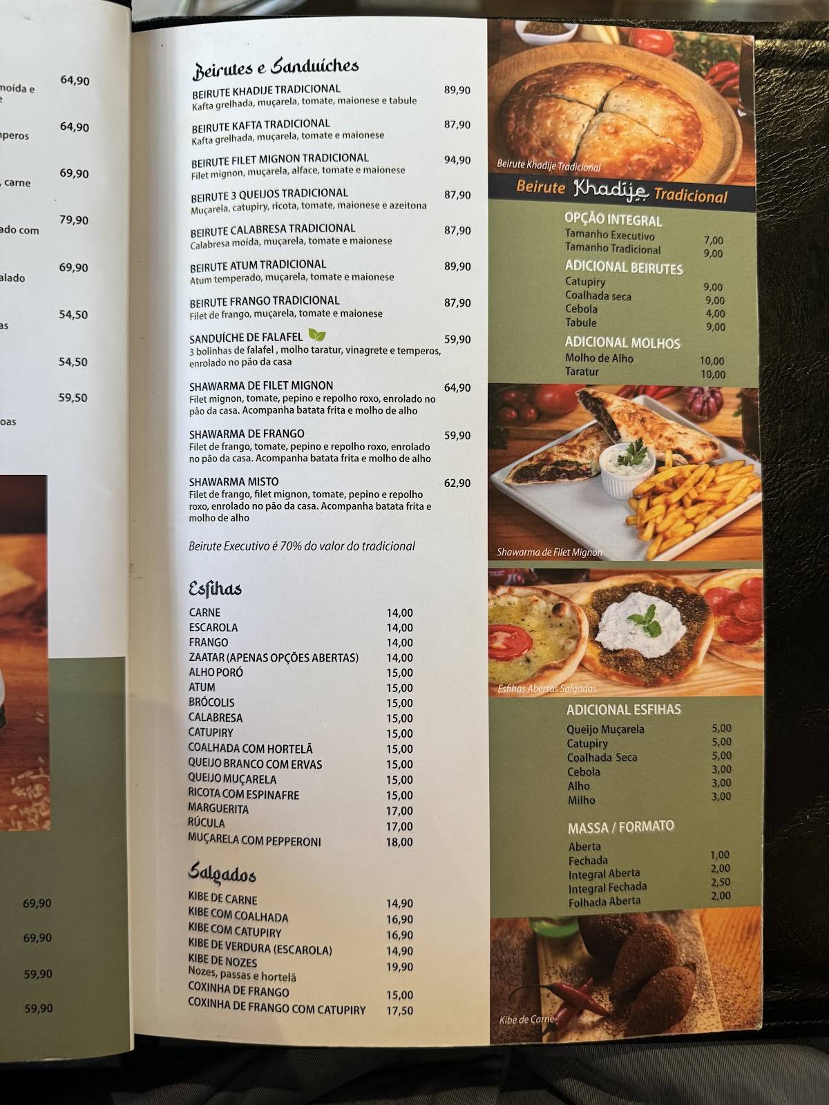 Khadije Comida Árabe cardápio