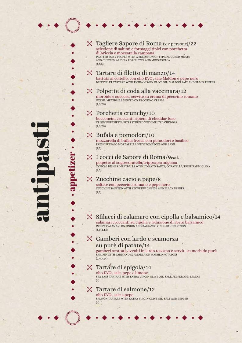 Menu di Sapore di Roma Fonte Meravigliosa 