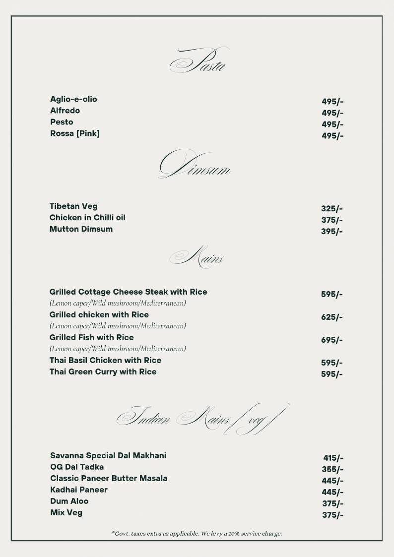 Savanna Sky Lounge & Bar menu