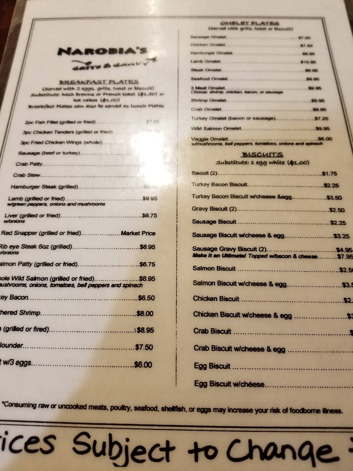 Menu at Narobia's Grits & Gravy restaurant, Savannah