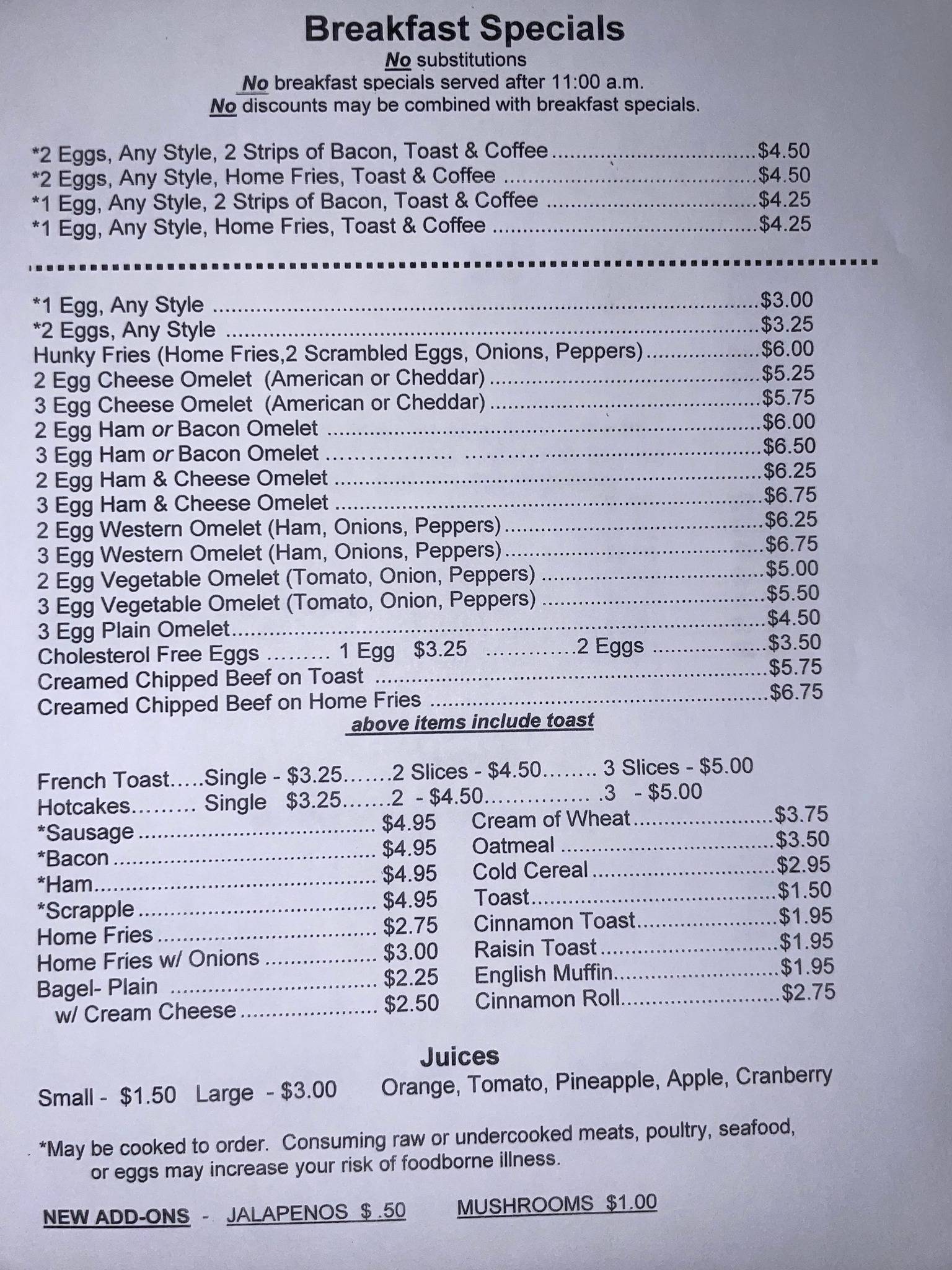 Menu at Schwalm's Cleona Restaurant, Cleona