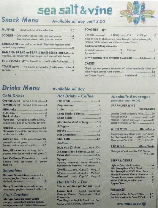 Menu at Sea Salt and Vine cafe, Scarborough