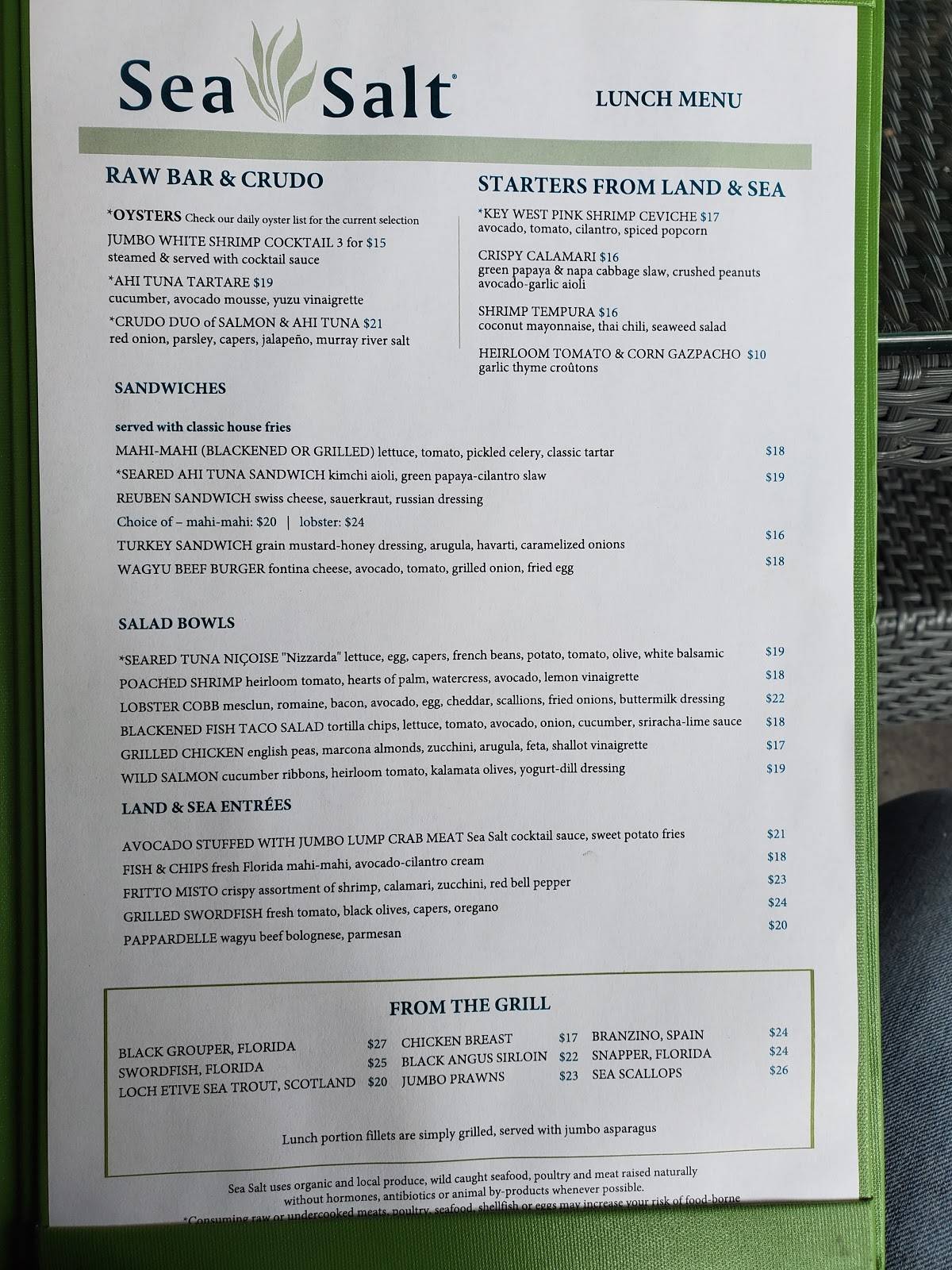 Menu at Sea Salt restaurant, Naples, 3rd St S