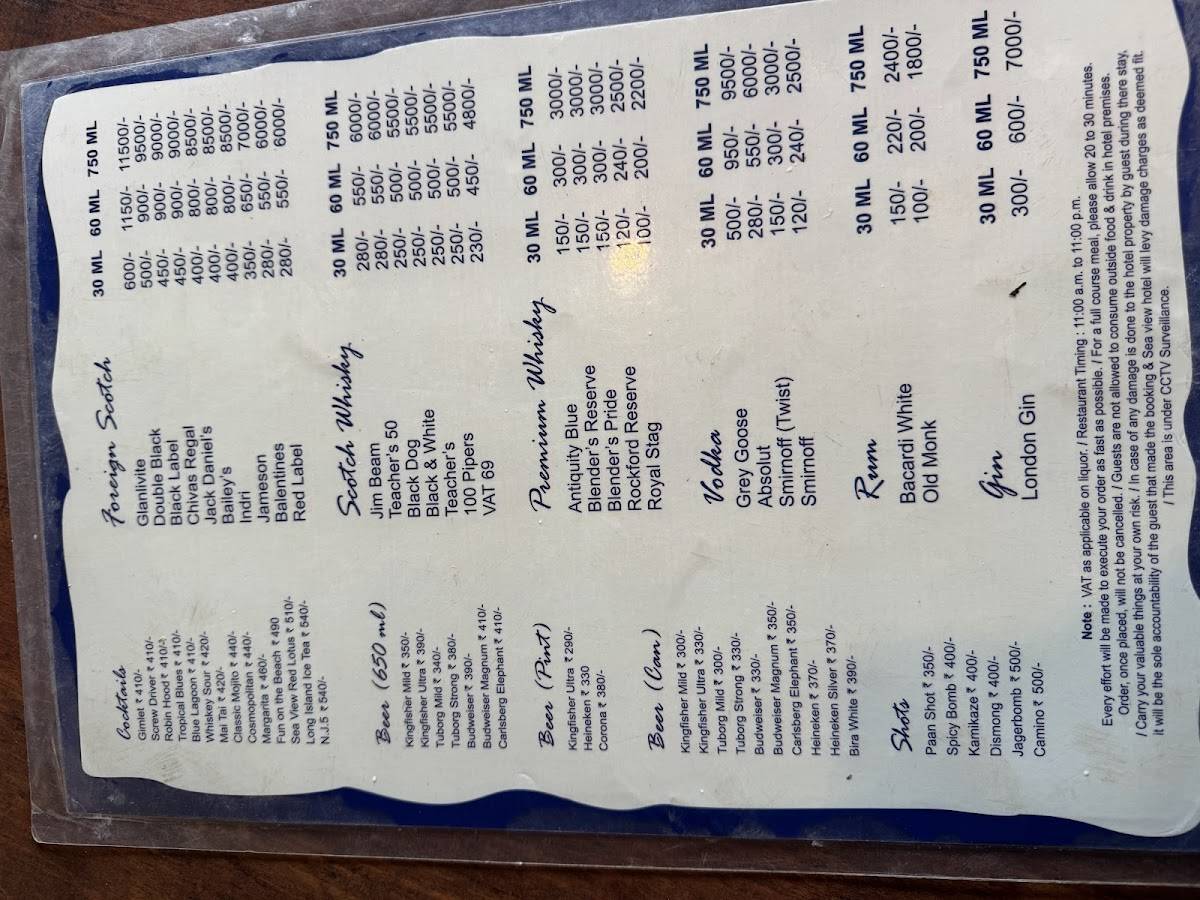 Sea View Beach Restro menu