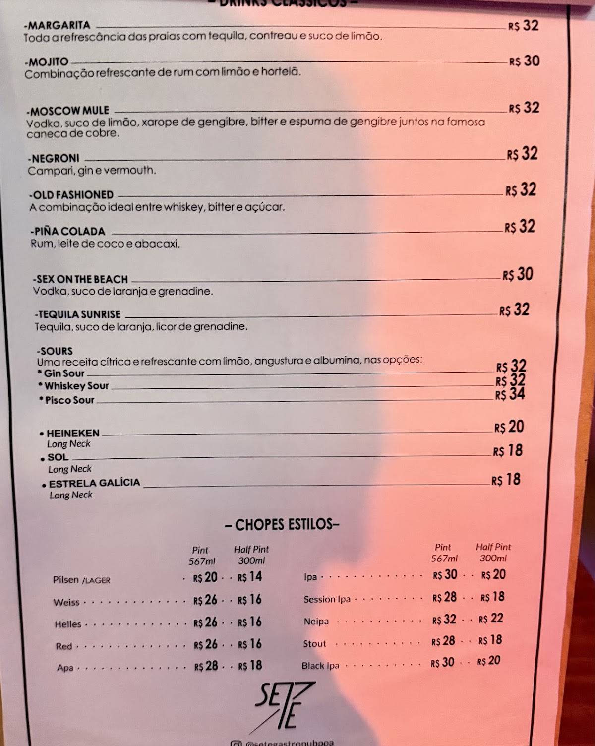 Sete Gastropub cardápio