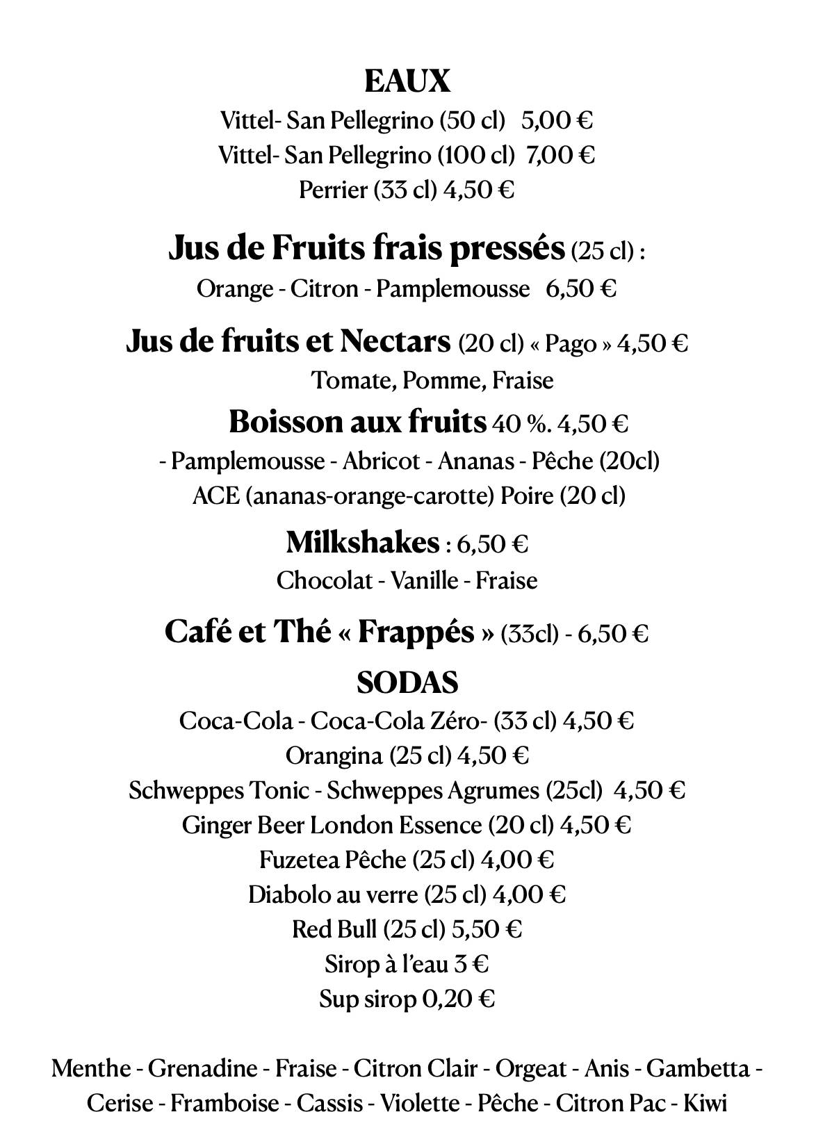 Menu de La Vita