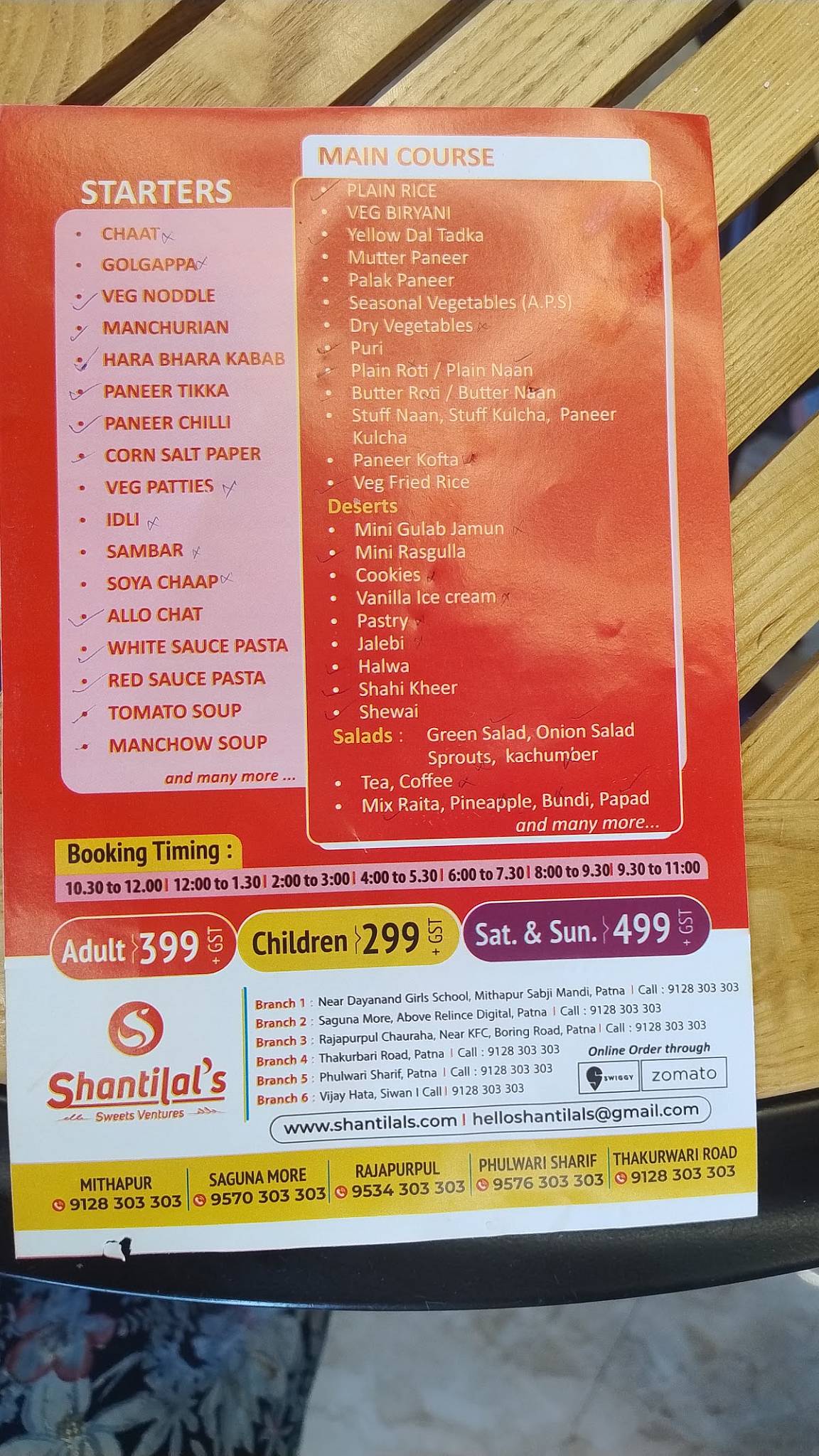 Shantilal's Sweets and Restaurants menu