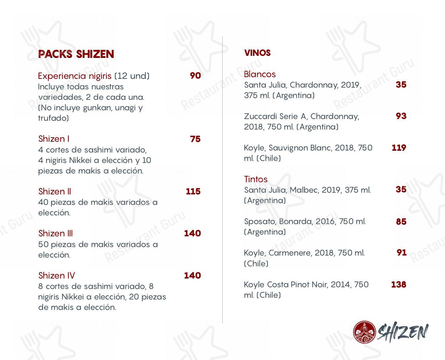 Carta de Shizen Restaurante Nikkei, San Isidro
