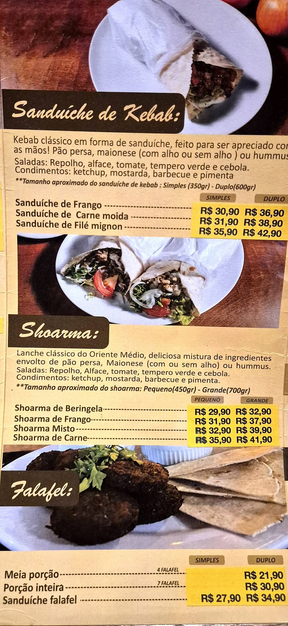 Shoarma Canoas cardápio