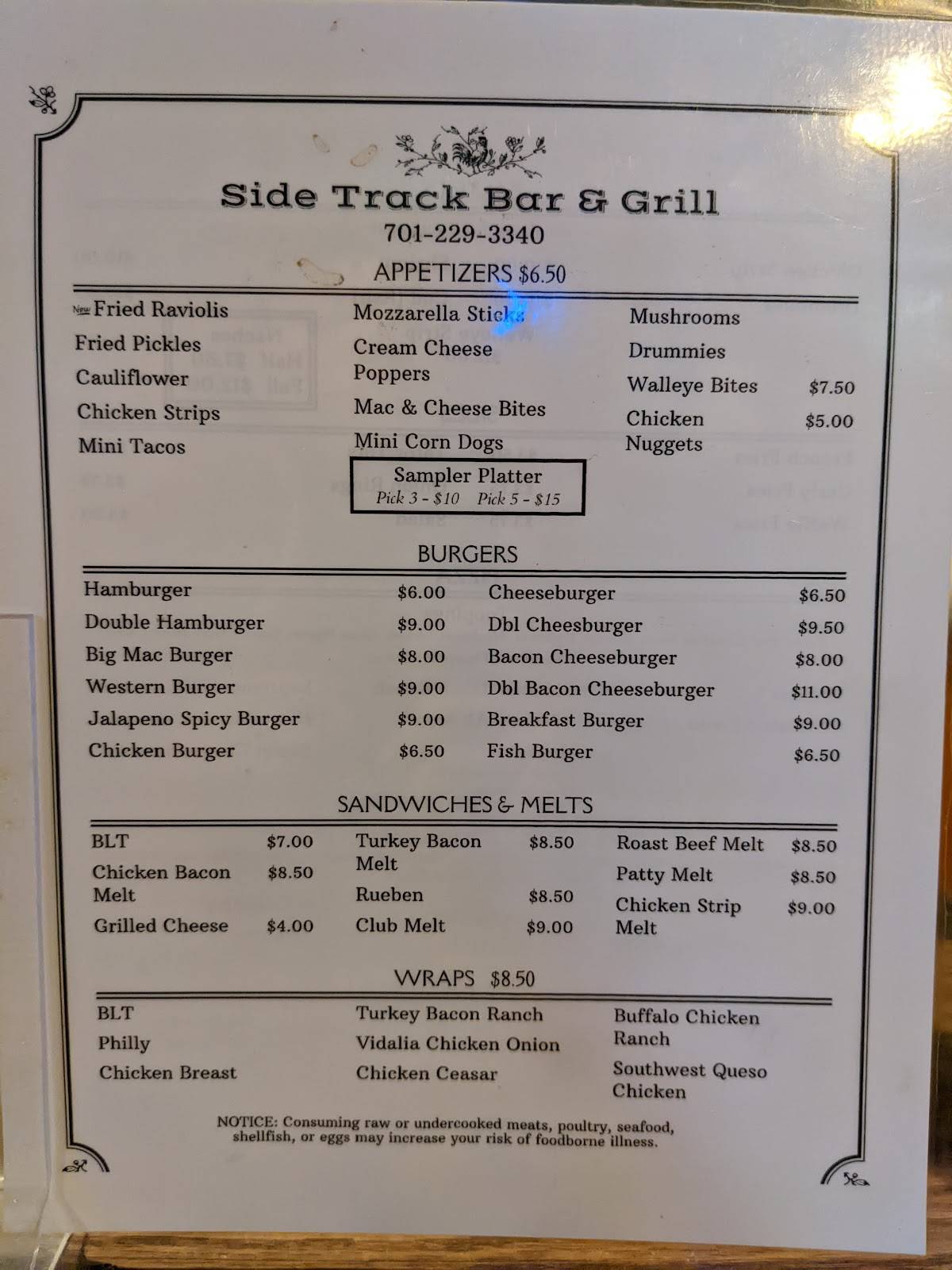 Menu at Side Track Bar&Grill, Fordville