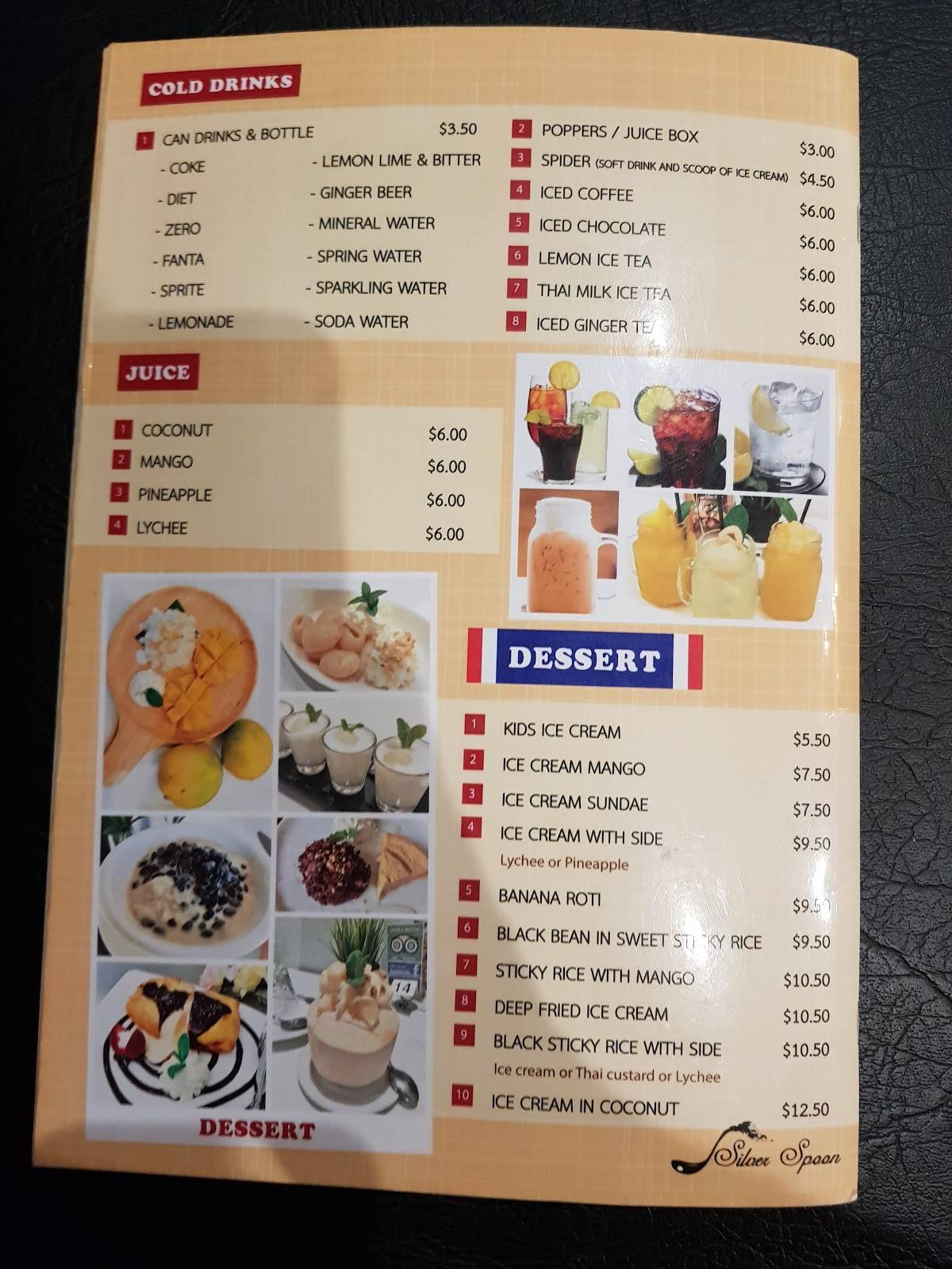 Menu at Silver Spoon Nowra restaurant, Nowra