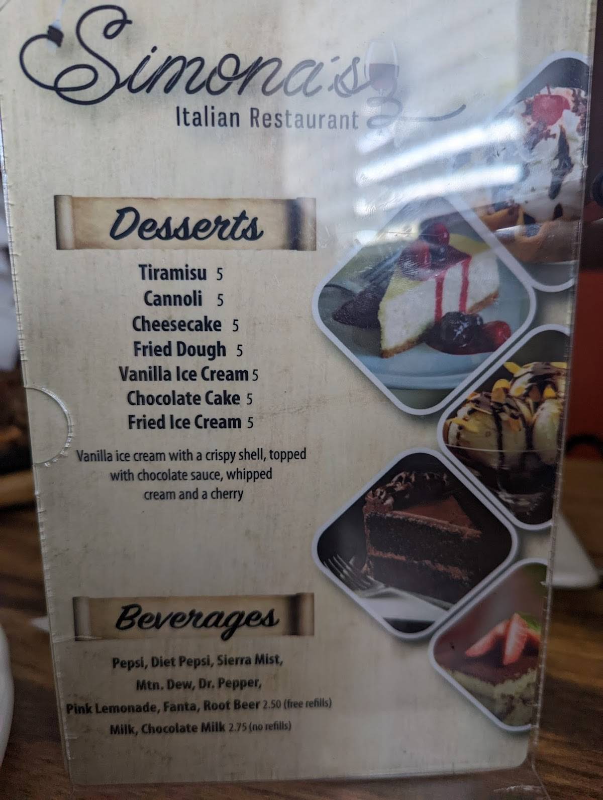 Menu at Simona's Italian Restaurant, Victoria