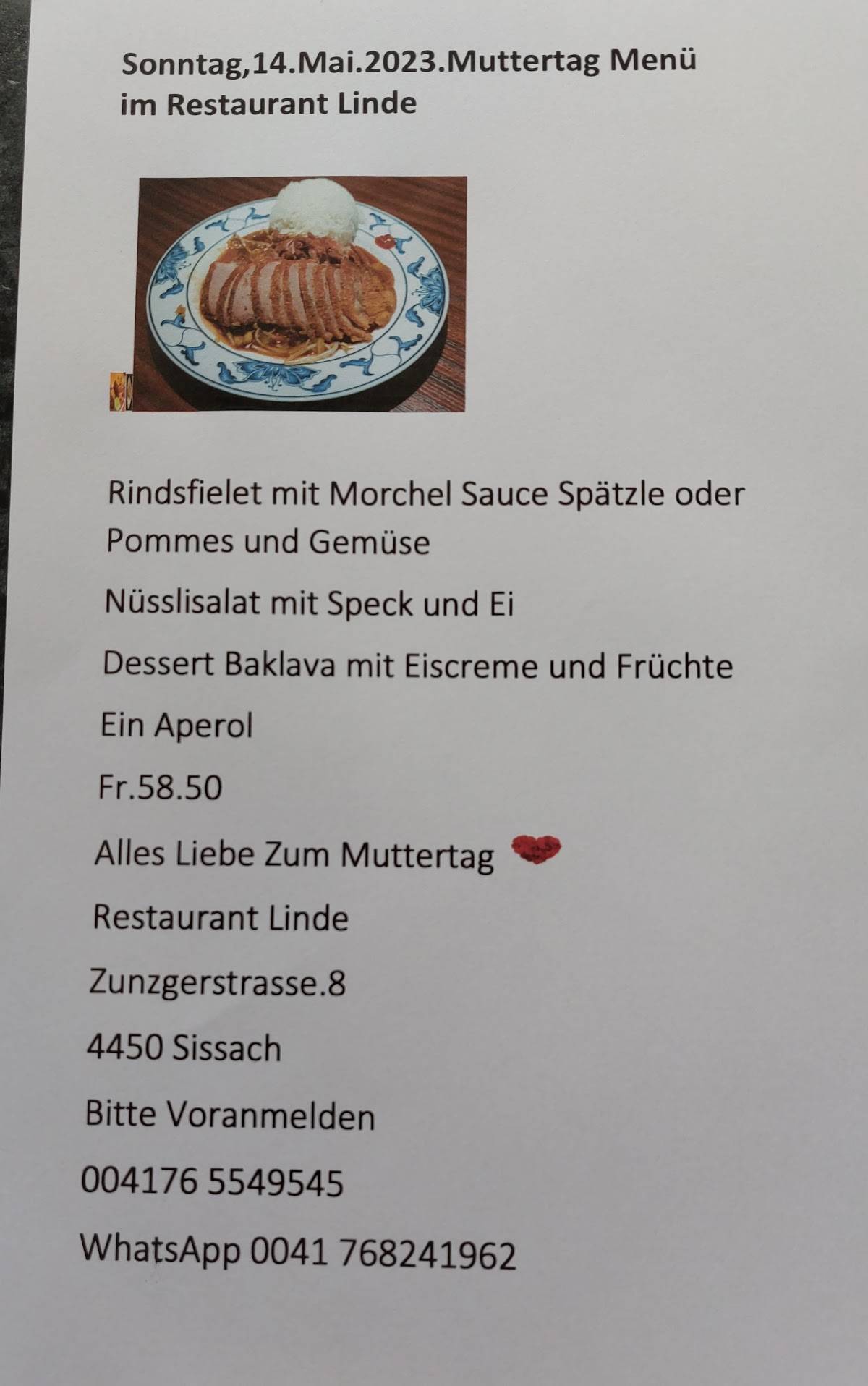 Menu di Restaurant Linde 