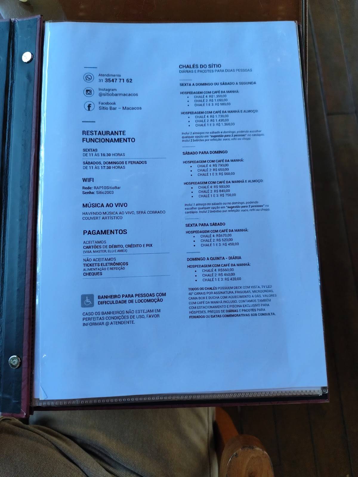 Sítio Bar Restaurante e Pousada Macacos cardápio